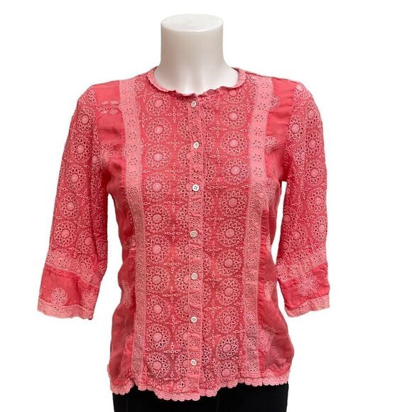 JOHNNY WAS BUTTON FRONT CORAL Eyelet EMBROIDERED BLOUSE 3/4‎ sleeve sz small - Picture 1 of 9